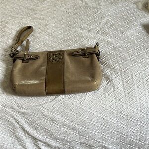 Coach Metallic Taupe Leather Wristlet Clutch with Center Stripe